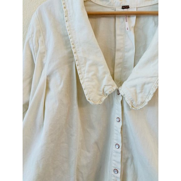 Free People Charlie Denim Button Down Top Dress Ecru Ruffle Trim Size M - Picture 6 of 11